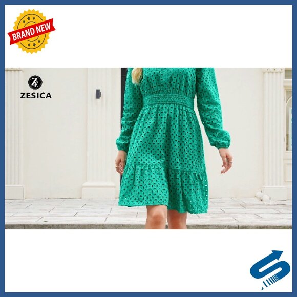 Long Sleeve Mini Dress V Neck Eyelet Embroidery Ruffle A Line Swing - Picture 8 of 8